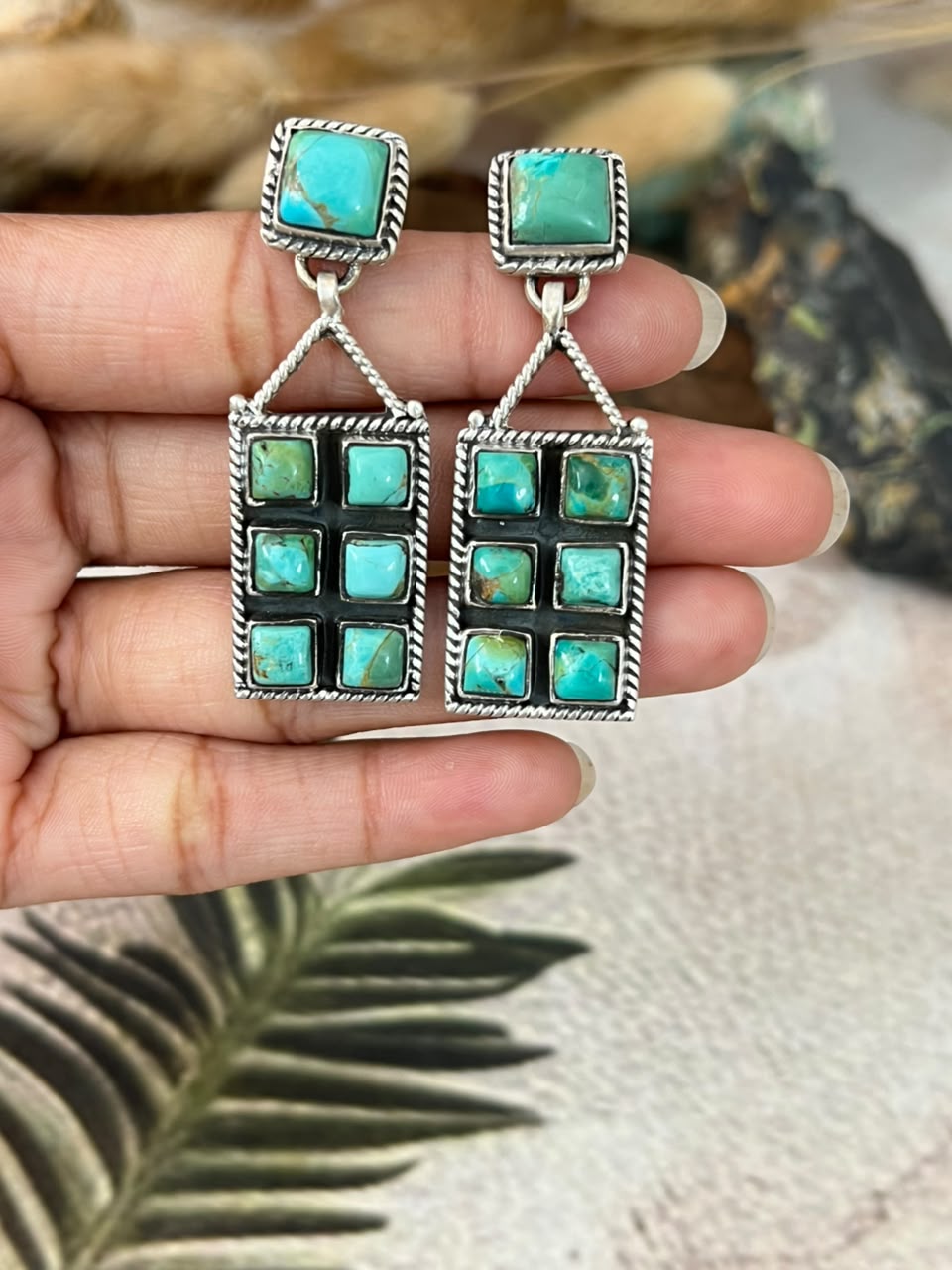 Handmade Sterling Silver Kingman Turquoise Post Dangle Earrings Signed Nizhoni