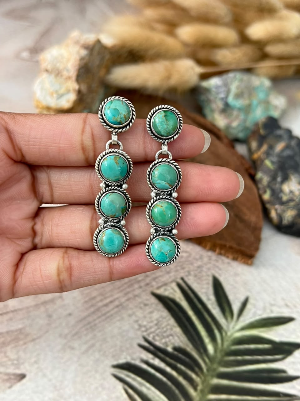 Handmade Sterling Silver Kingman Turquoise Post Dangle Earrings Signed Nizhoni