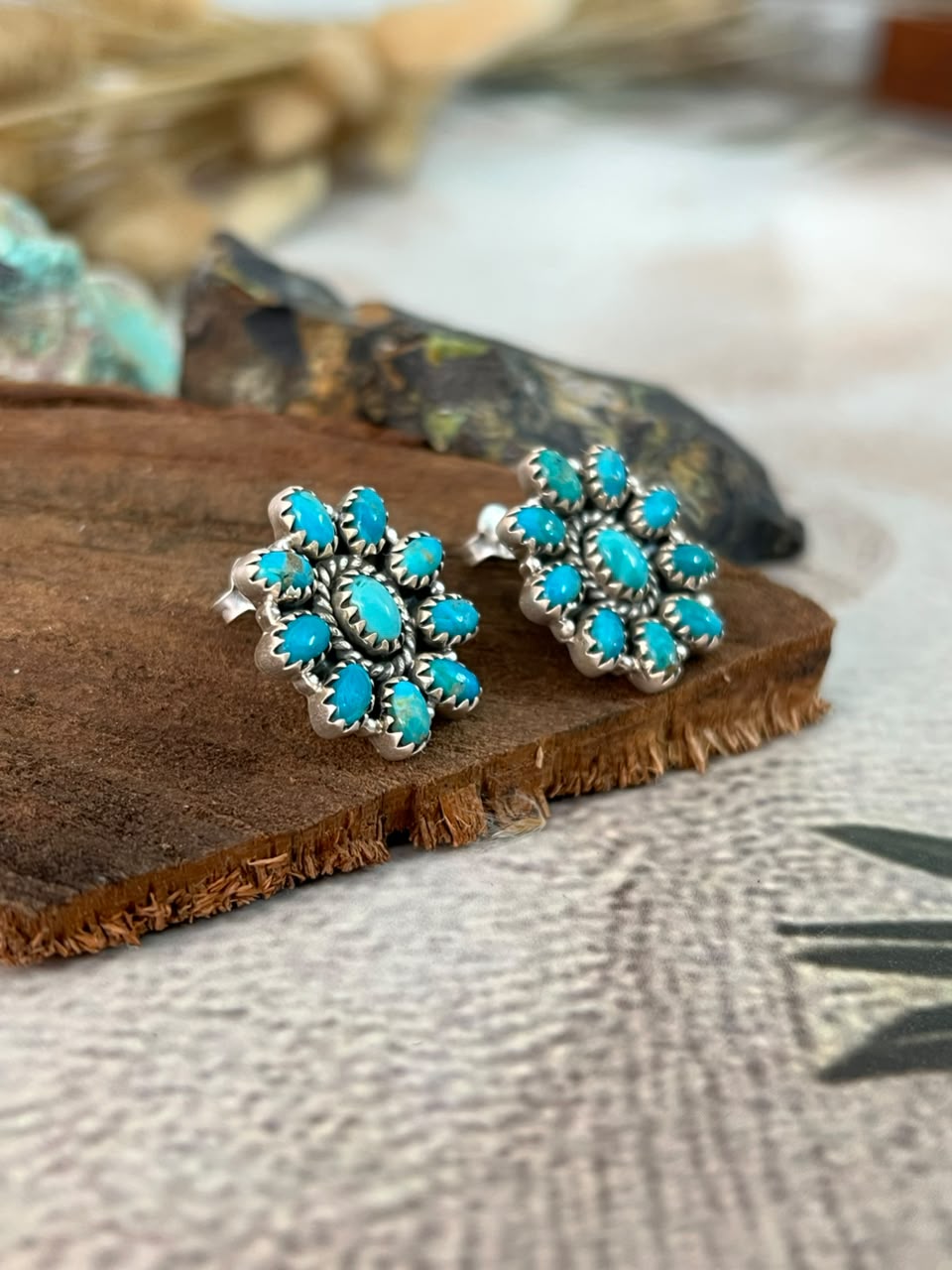 Handmade Sterling Silver Kingman Turquoise Post Studs Earrings Signed Nizhoni