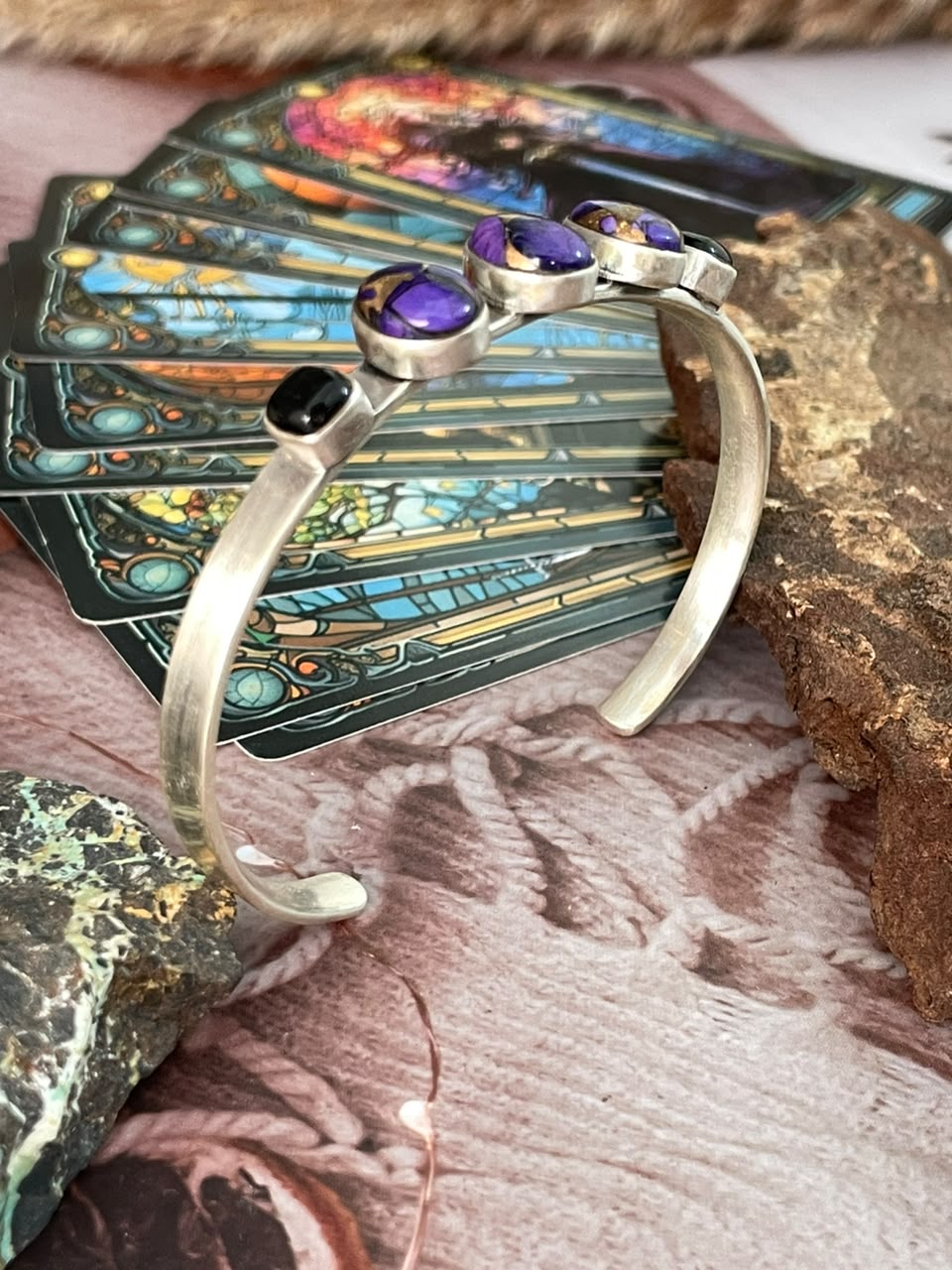 Handmade Sterling Silver Grape Dahlia with Black Onyx Halloween Collection: Cuff Bracelet Signed Nizhoni