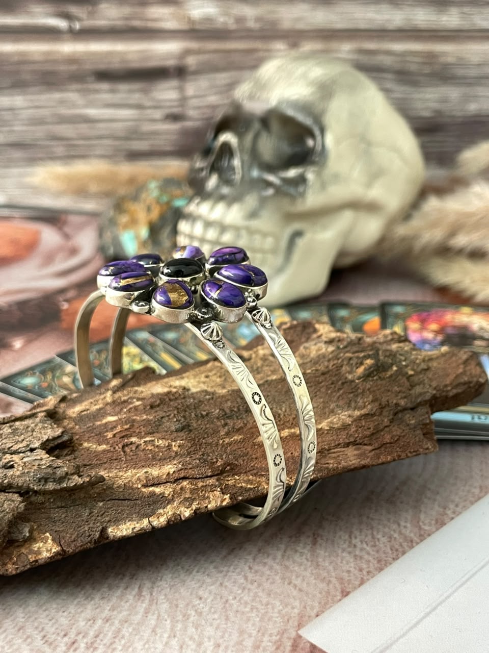 Handmade Sterling Silver Grape Dahlia with Black Onyx Halloween Collection: Cuff Bracelet Signed Nizhoni
