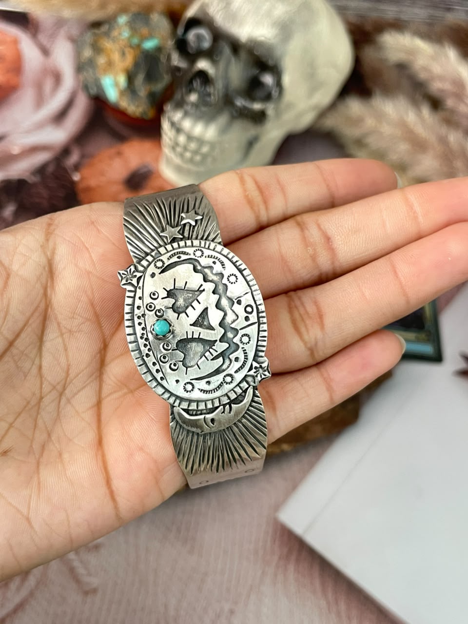 Handmade Sterling Silver Kingman Turquoise Halloween Collection: Cuff Bracelet Signed Nizhoni
