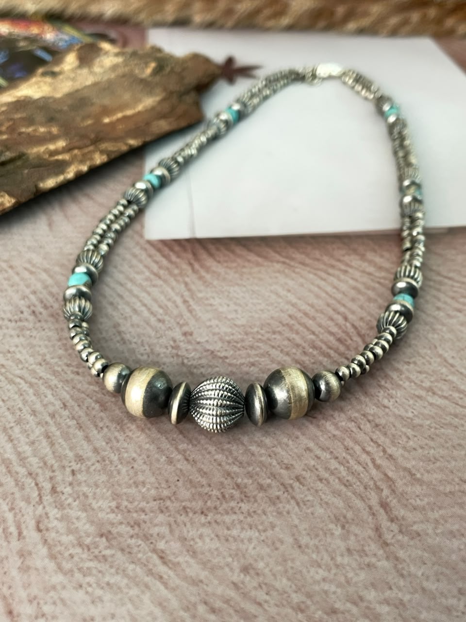 Handmade Sterling Silver Kingman Turquoise Beaded Necklace Signed Nizhoni