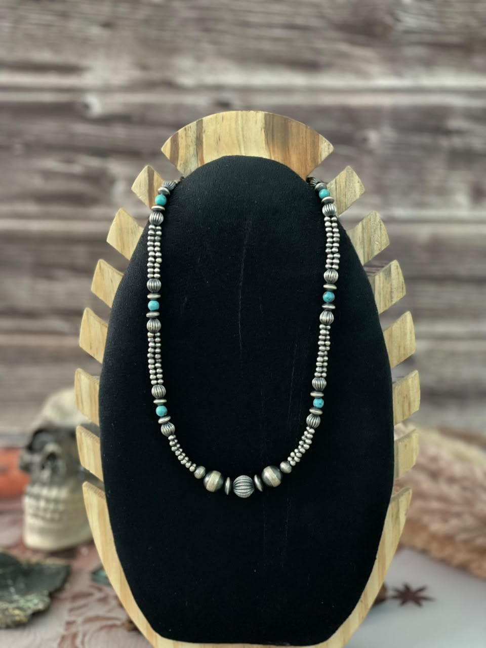 Handmade Sterling Silver Kingman Turquoise Beaded Necklace Signed Nizhoni