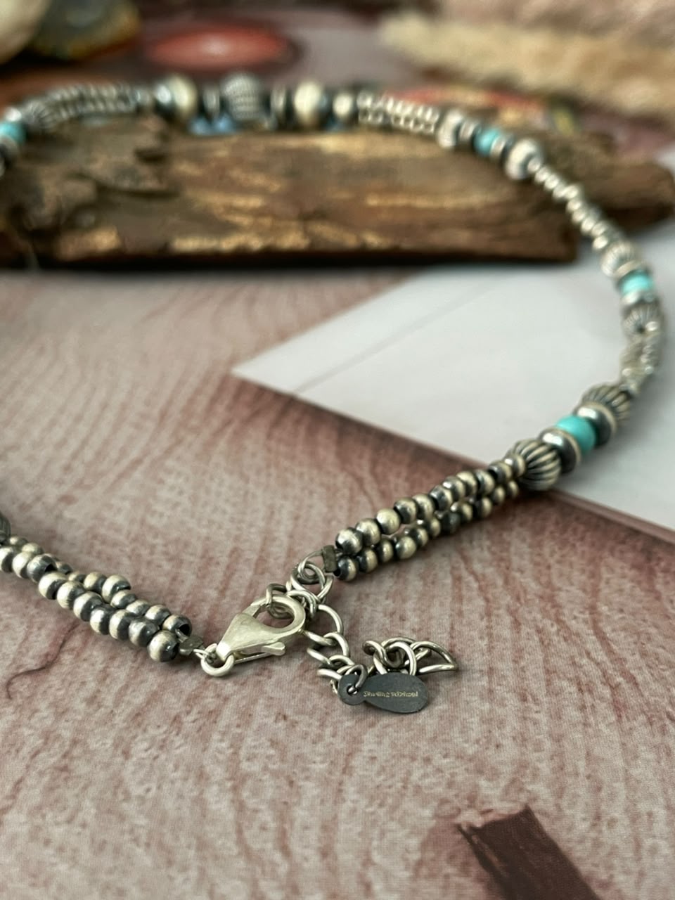 Handmade Sterling Silver Kingman Turquoise Beaded Necklace Signed Nizhoni