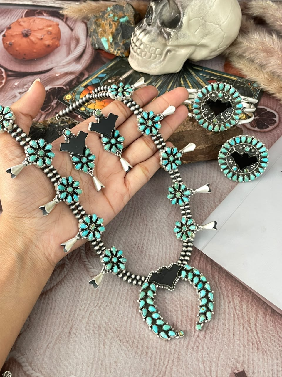 Handmade Sterling Silver Kingman Turquoise with Black Onyx Halloween Collection: Beaded Squash Blossom Necklace, Earrings, Ring and Bangle Set Signed Nizhoni