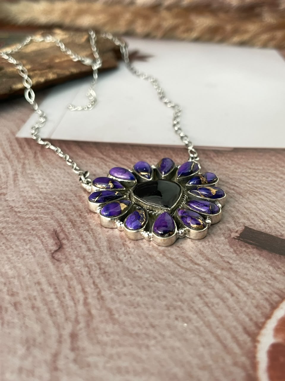 Handmade Sterling Silver Grape Dahlia with Black Onyx Halloween Collection: Heart Necklace Signed Nizhoni