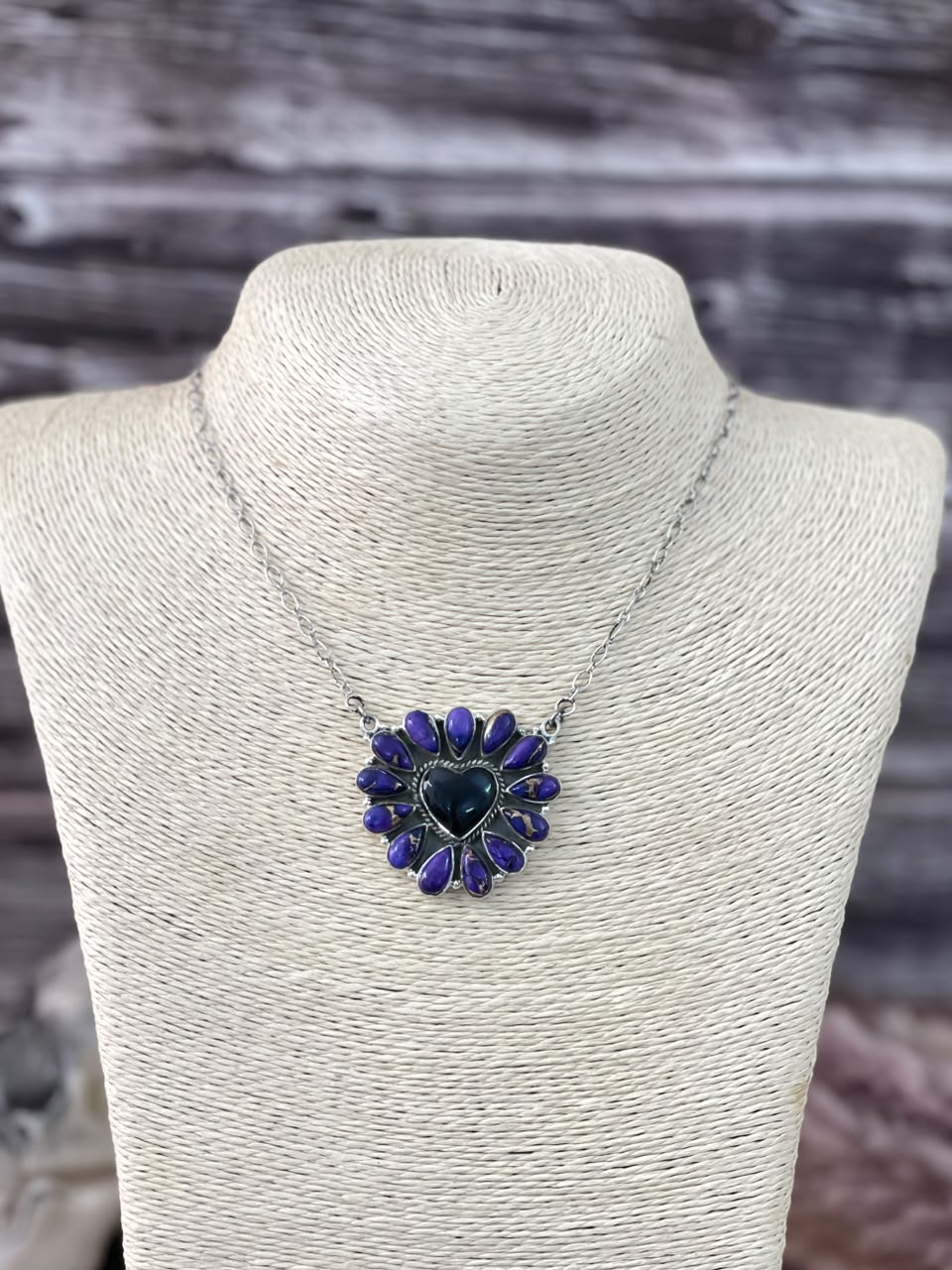 Handmade Sterling Silver Grape Dahlia with Black Onyx Halloween Collection: Heart Necklace Signed Nizhoni
