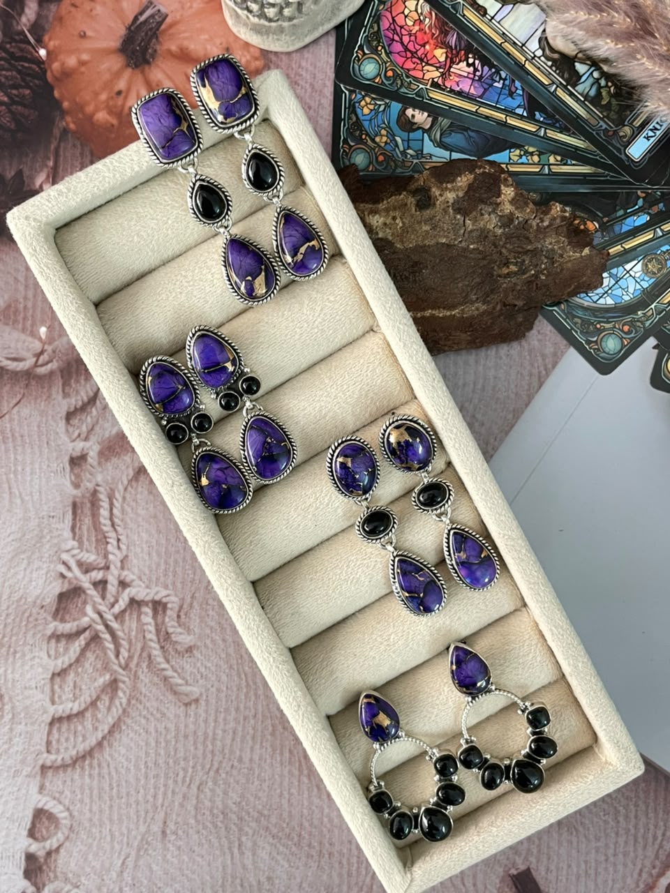 Handmade Sterling Silver Grape Dahlia with Black Onyx Halloween Collection: Post Dangle Earrings Signed Nizhoni