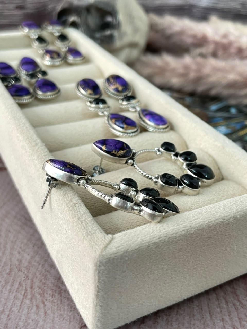 Handmade Sterling Silver Grape Dahlia with Black Onyx Halloween Collection: Post Dangle Earrings Signed Nizhoni
