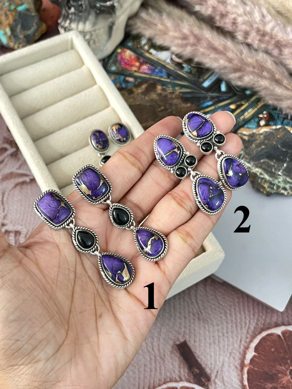 Handmade Sterling Silver Grape Dahlia with Black Onyx Halloween Collection: Post Dangle Earrings Signed Nizhoni