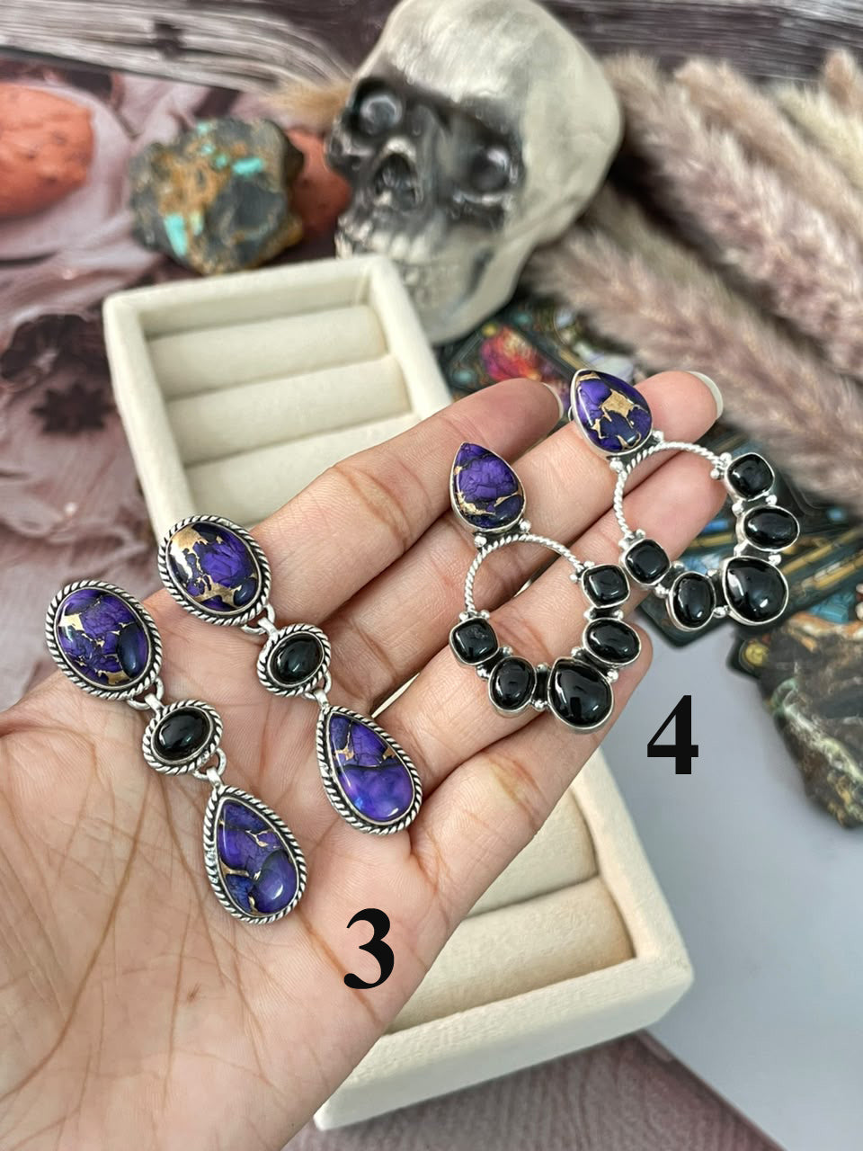 Handmade Sterling Silver Grape Dahlia with Black Onyx Halloween Collection: Post Dangle Earrings Signed Nizhoni