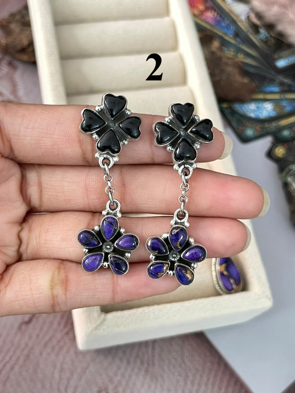 Handmade Sterling Silver Grape Dahlia with Black Onyx Halloween Collection: Post Dangle Earrings Signed Nizhoni