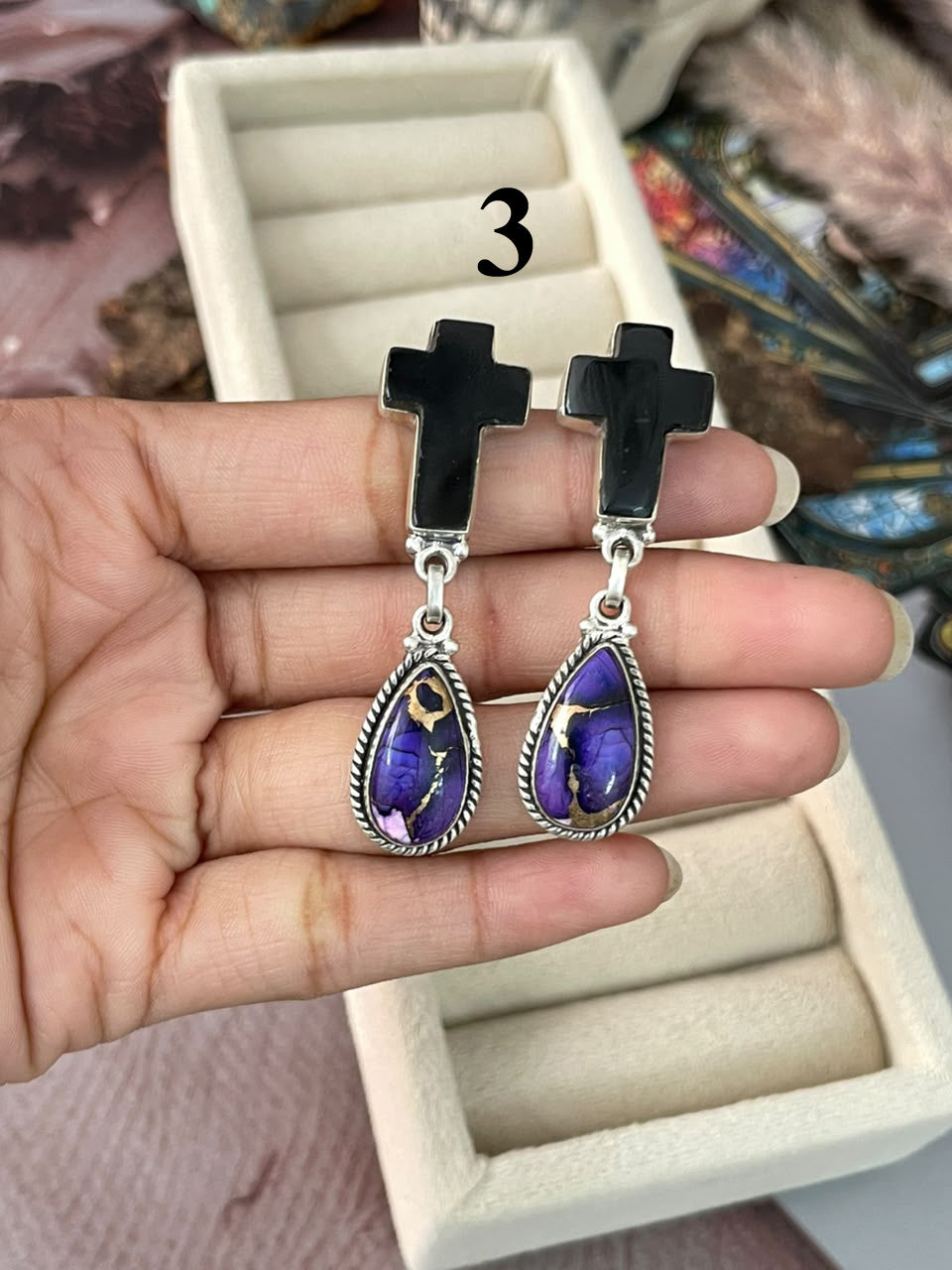 Handmade Sterling Silver Grape Dahlia with Black Onyx Halloween Collection: Post Dangle Earrings Signed Nizhoni
