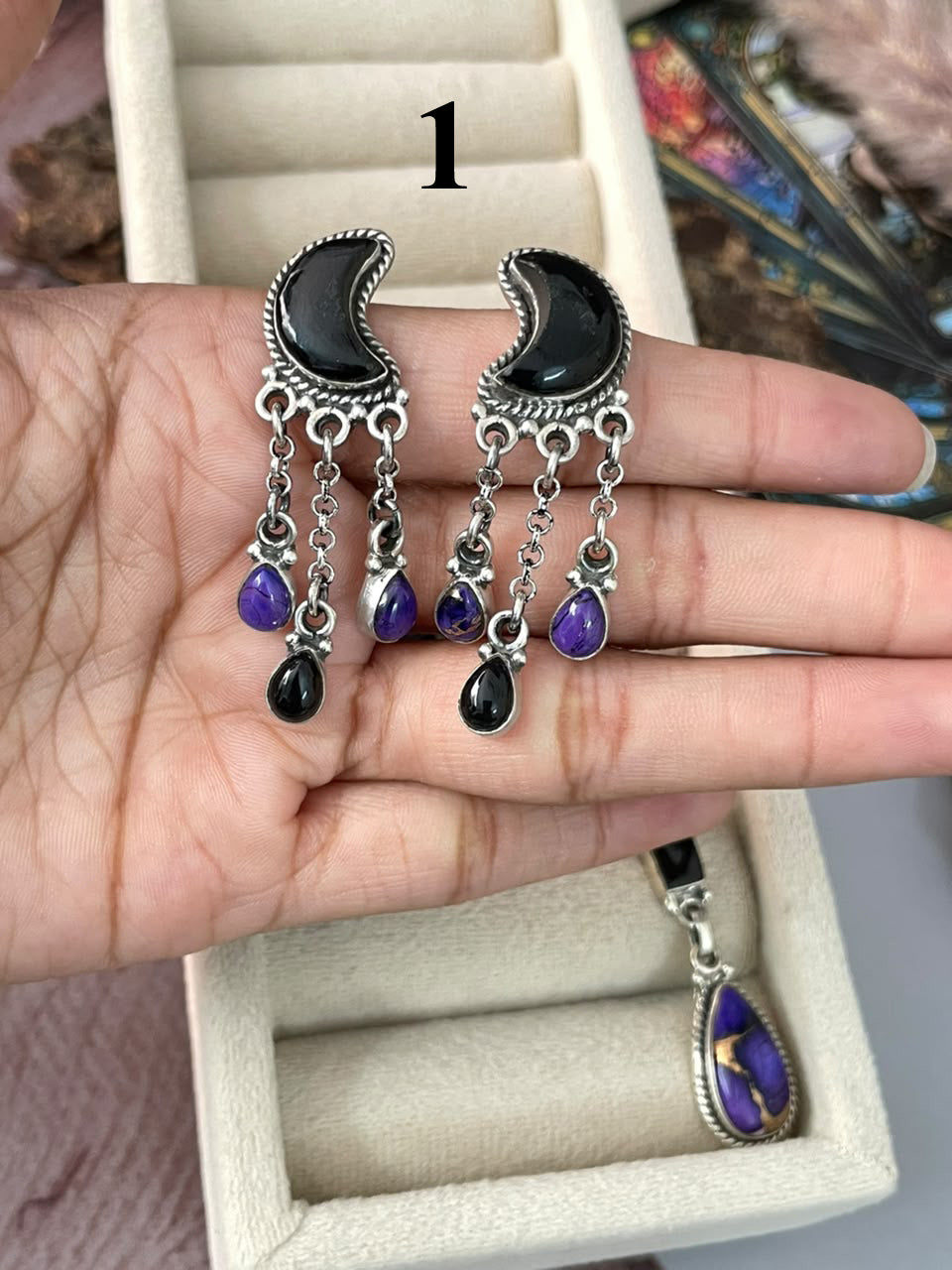 Handmade Sterling Silver Grape Dahlia with Black Onyx Halloween Collection: Post Dangle Earrings Signed Nizhoni