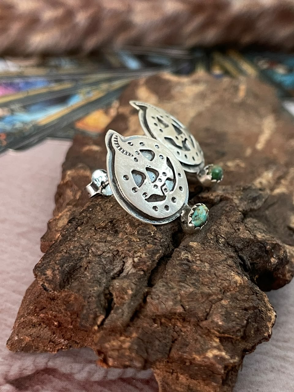 Handmade Sterling Silver Kingman Turquoise Halloween Collection: Post Studs Earrings Signed Nizhoni