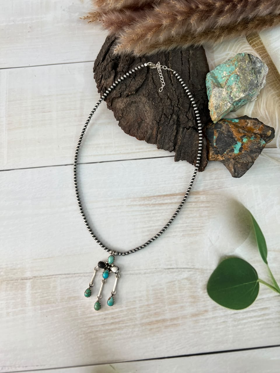 Handmade Sterling Silver Kingman Turquoise with White Buffalo Beaded Necklace Signed Nizhoni