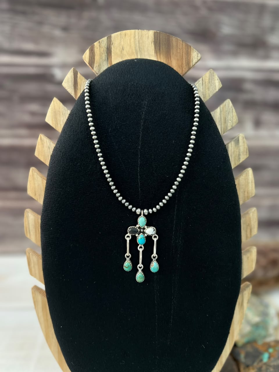 Handmade Sterling Silver Kingman Turquoise with White Buffalo Beaded Necklace Signed Nizhoni