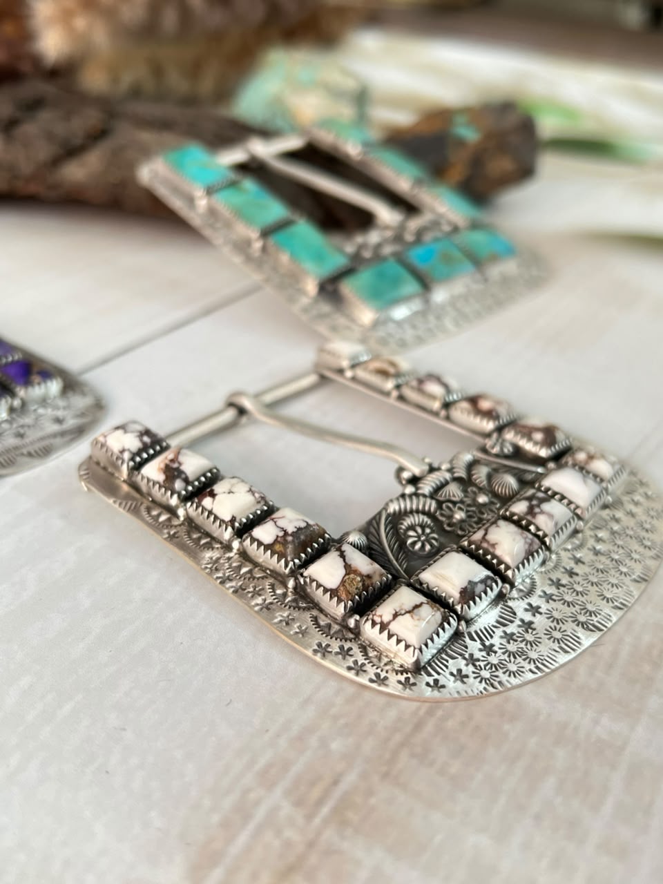 Handmade Sterling Silver Kingman Turquoise, Grape Dahlia and Wildhorse Magnesite Belt Buckle Signed Nizhoni