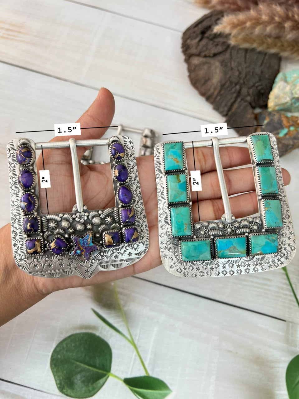Handmade Sterling Silver Kingman Turquoise, Grape Dahlia and Wildhorse Magnesite Belt Buckle Signed Nizhoni