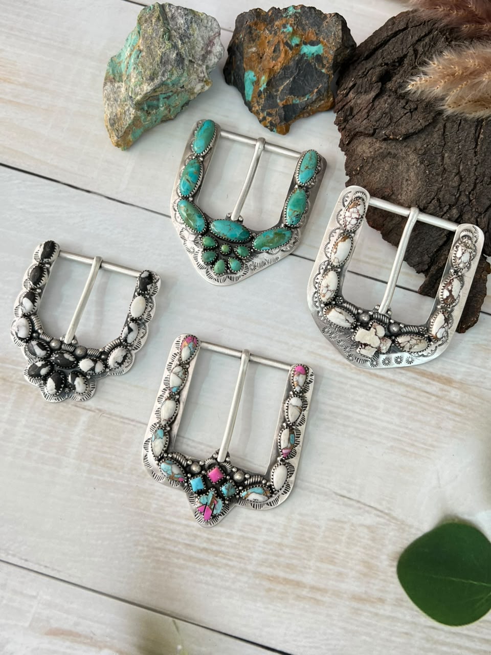 Handmade Sterling Silver Cotton Candy, White Buffalo, Kingman Turquoise and Wildhorse Magnesite Belt Buckle Signed Nizhoni