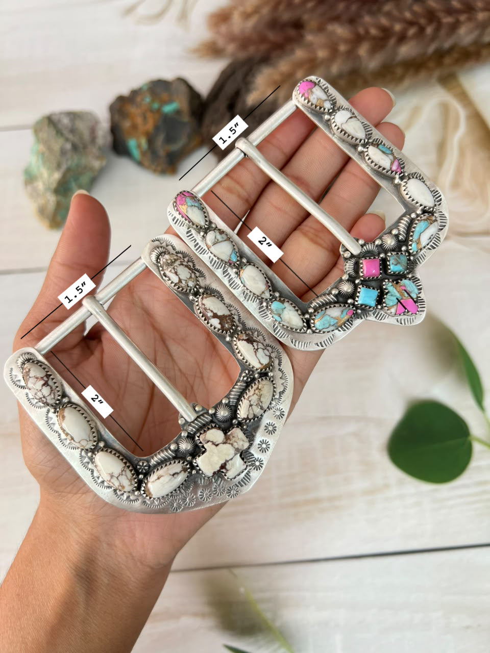 Handmade Sterling Silver Cotton Candy, White Buffalo, Kingman Turquoise and Wildhorse Magnesite Belt Buckle Signed Nizhoni