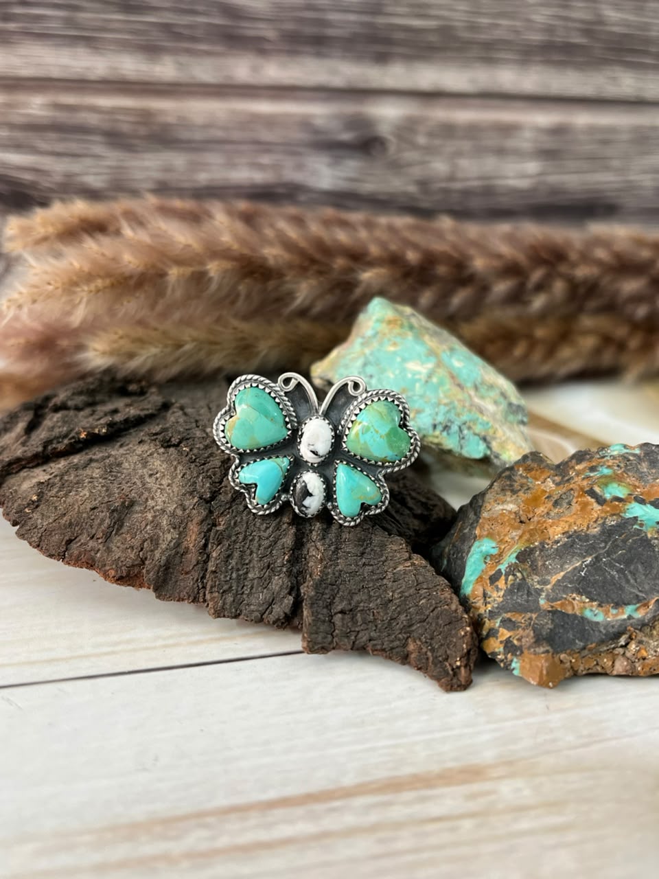 Handmade Sterling Silver Kingman Turquoise and White Buffalo Butterfly Adjustable Ring Signed Nizhoni