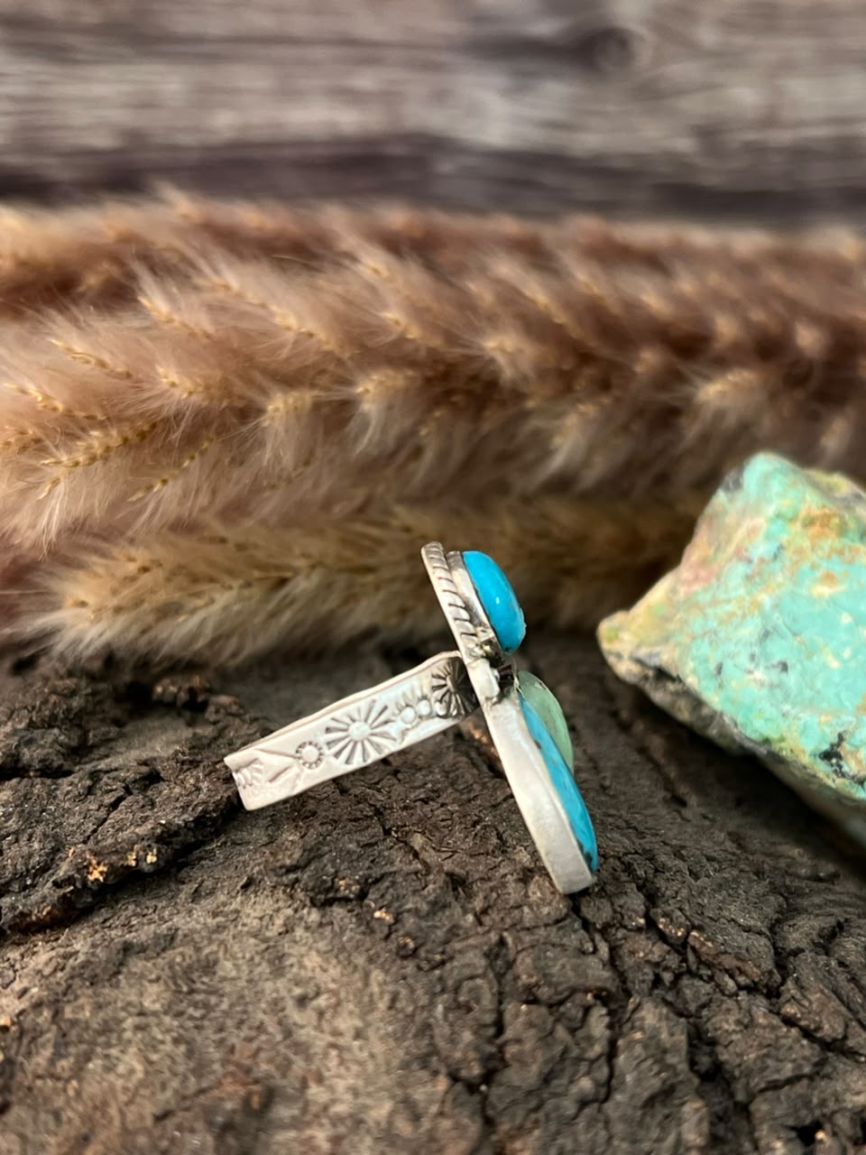 Handmade Sterling Silver Paloma with Blue Kingman Turquoise Adjustable Ring Signed Nizhoni