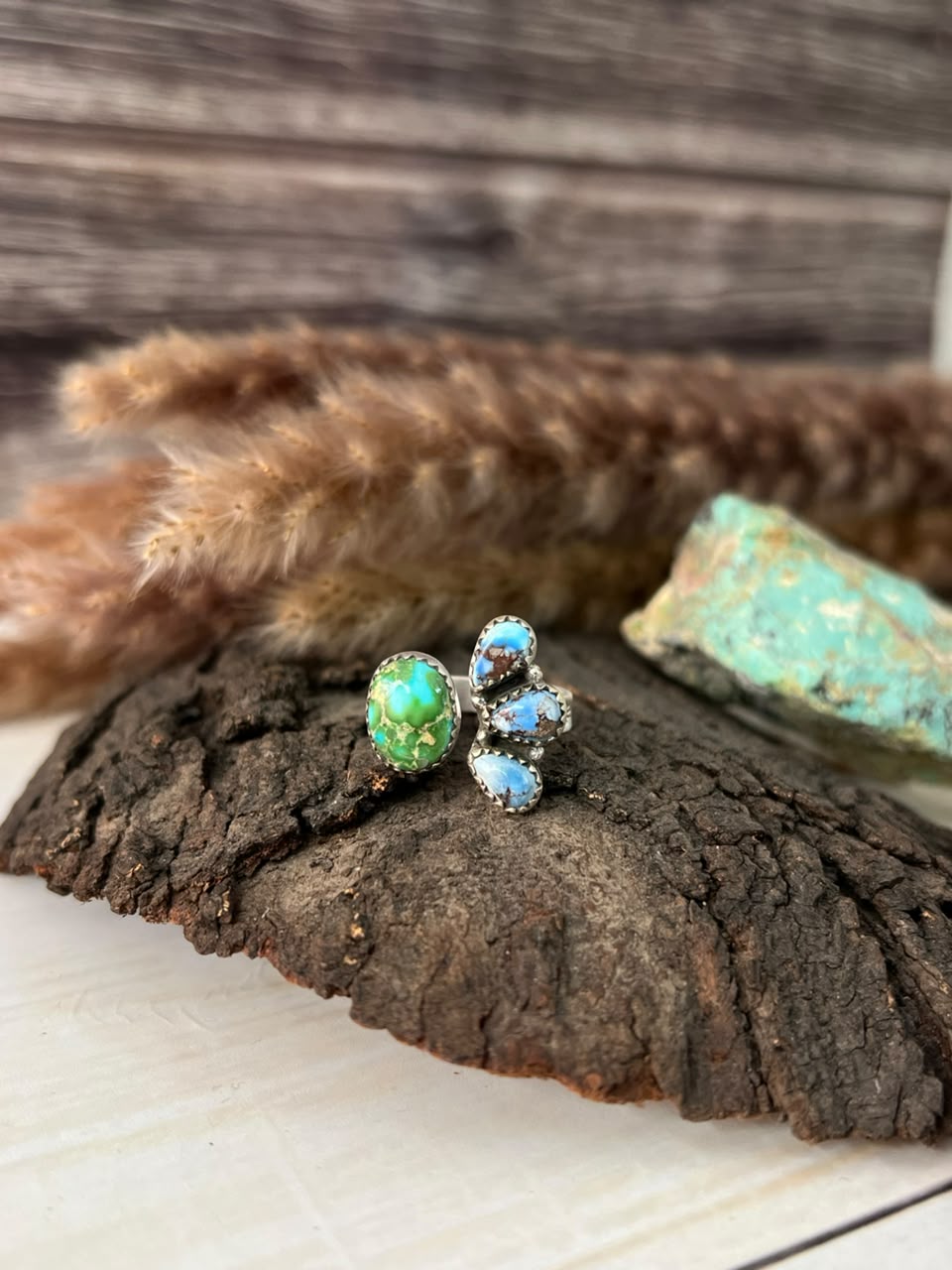Handmade Sterling Silver Golden Hills with Sonoran Mountain Turquoise Adjustable Ring Signed Nizhoni