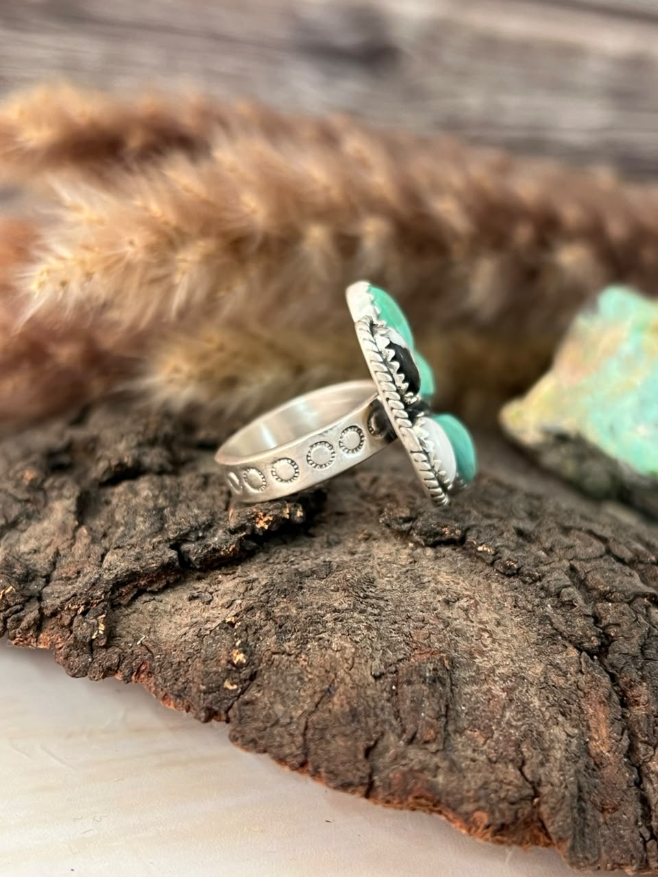 Handmade Sterling Silver Kingman Turquoise and White Buffalo Adjustable Ring Signed Nizhoni