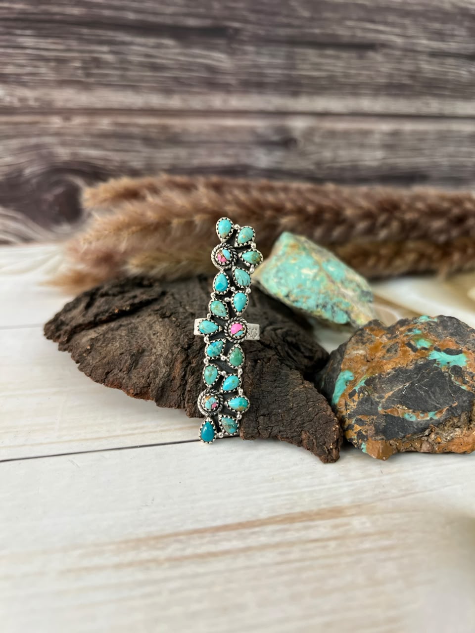 Handmade Sterling Silver Kingman Turquoise with Cotton Candy Adjustable Ring Signed Nizhoni