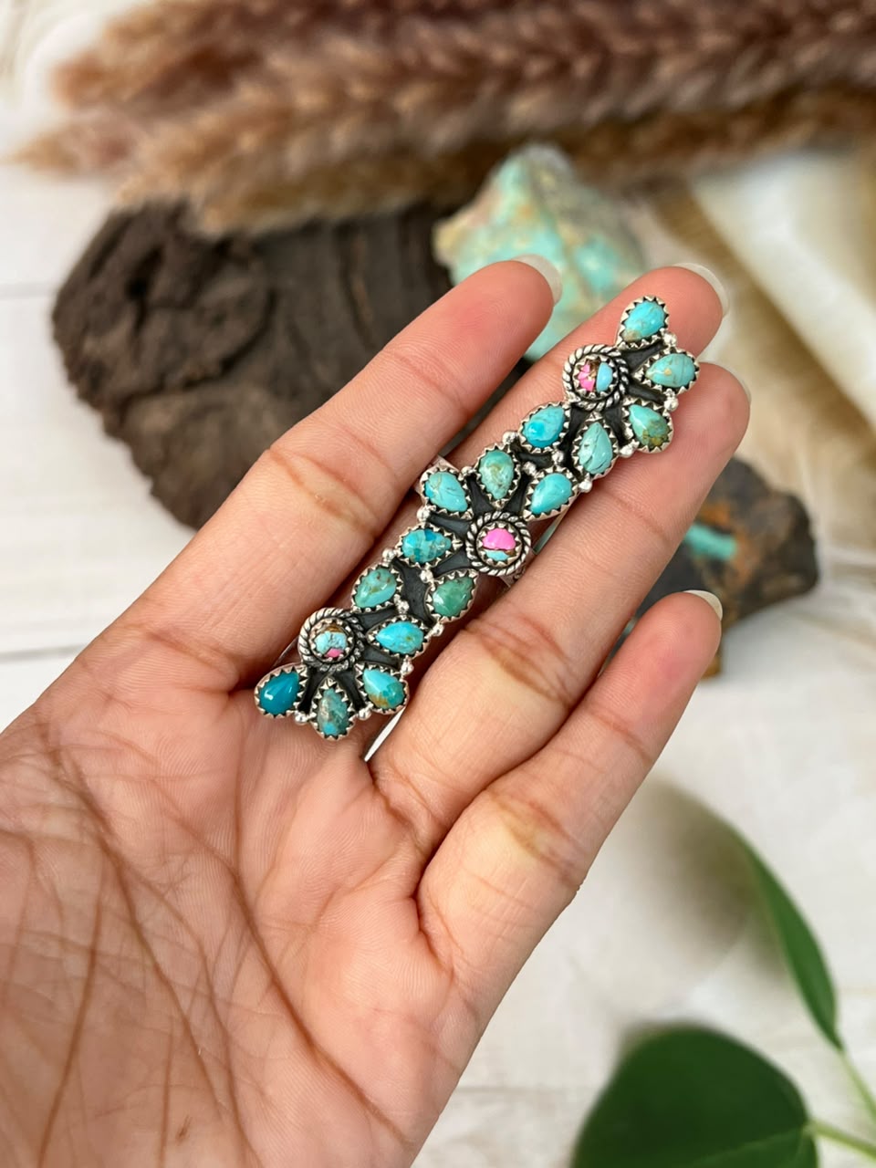 Handmade Sterling Silver Kingman Turquoise with Cotton Candy Adjustable Ring Signed Nizhoni