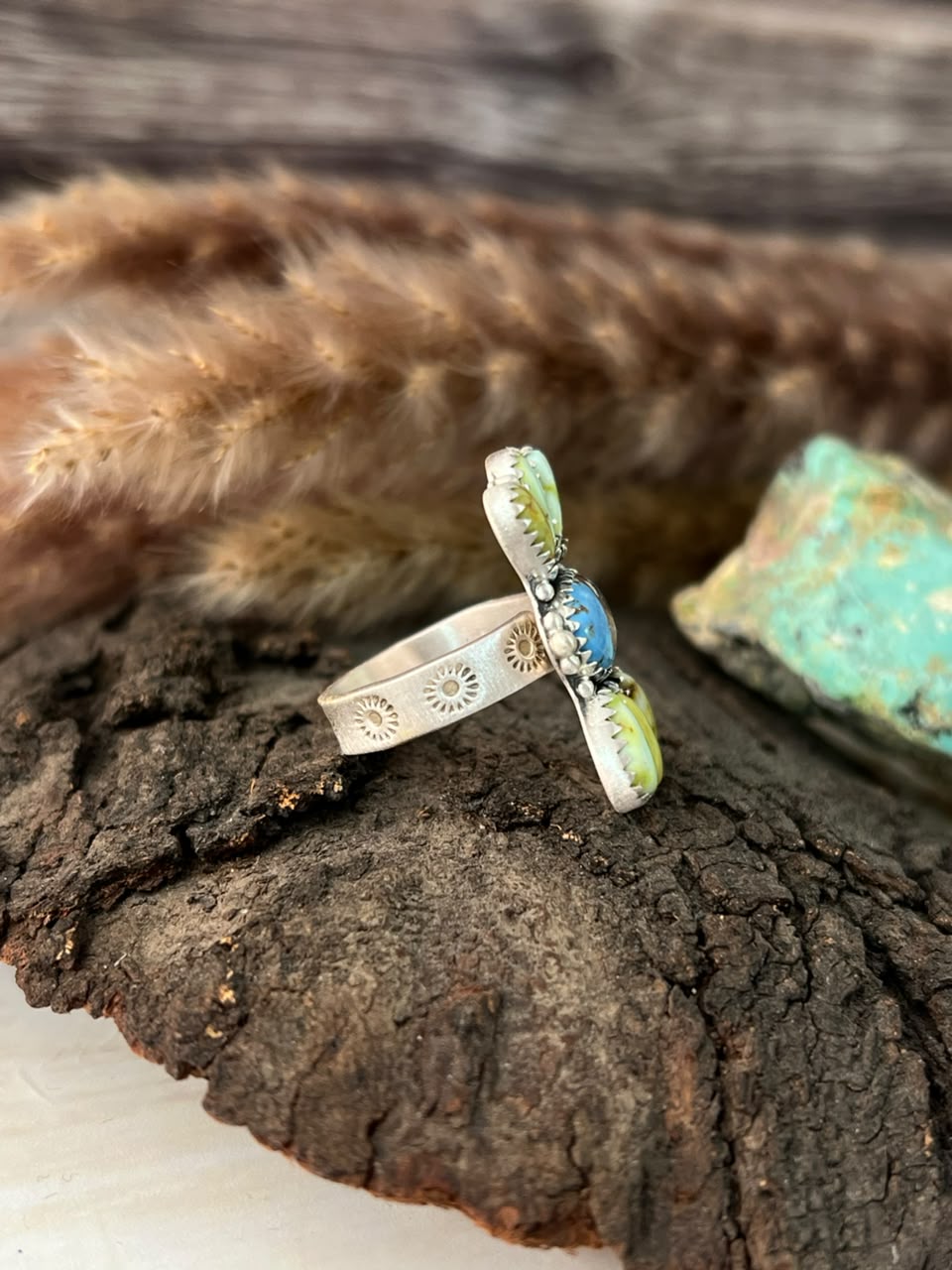 Handmade Sterling Silver Palomino with Golden Hills Turquoise Adjustable Ring Signed Nizhoni