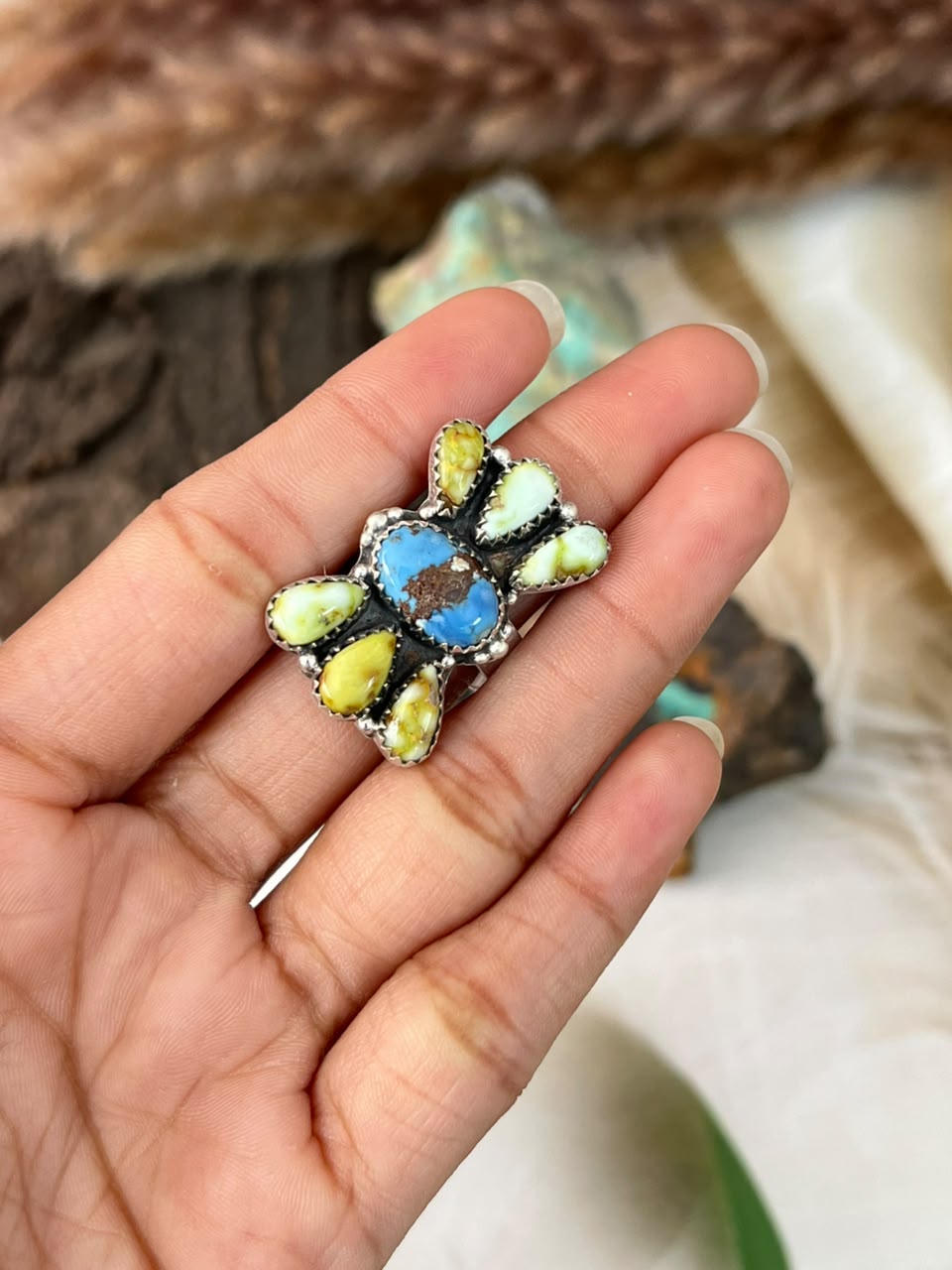 Handmade Sterling Silver Palomino with Golden Hills Turquoise Adjustable Ring Signed Nizhoni