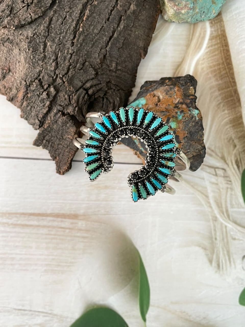 Handmade Sterling Silver Kingman Turquoise with White Buffalo Naja Cuff Bracelet Signed Nizhoni