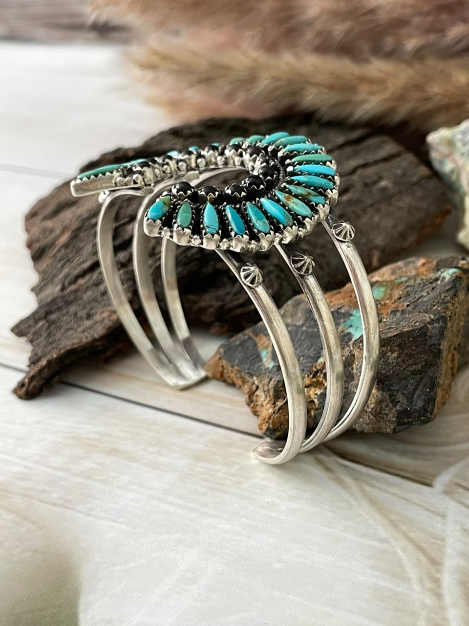 Handmade Sterling Silver Kingman Turquoise with White Buffalo Naja Cuff Bracelet Signed Nizhoni