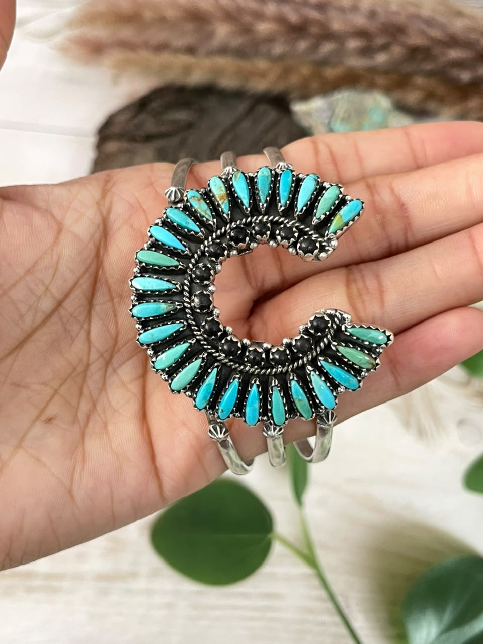 Handmade Sterling Silver Kingman Turquoise with White Buffalo Naja Cuff Bracelet Signed Nizhoni