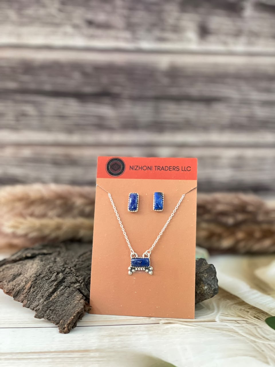 Handmade Sterling Silver Lapis Necklace and Earrings Set Card
