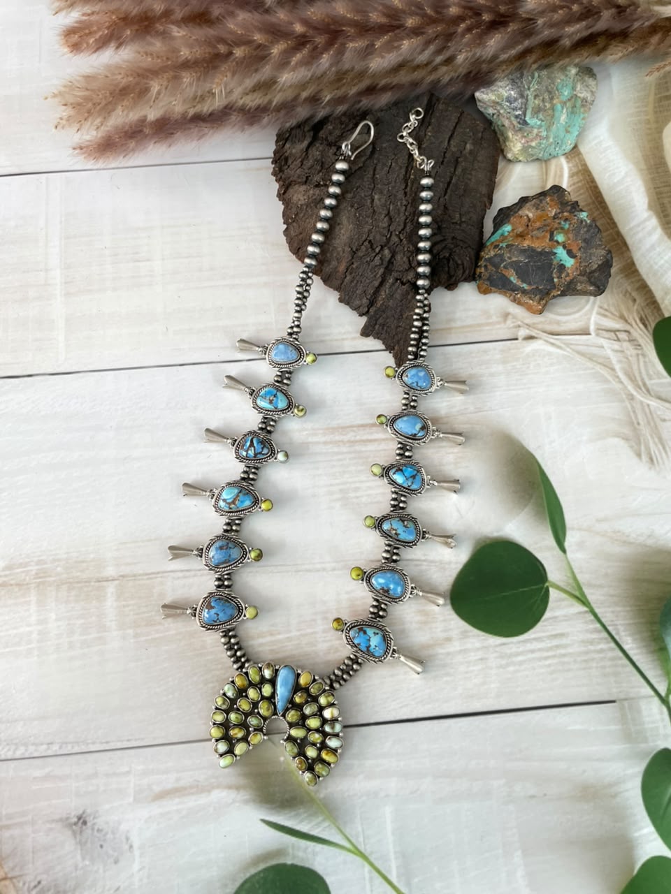 Handmade Sterling Silver Palomino with Golden Hills Turquoise Beaded Naja Necklace Signed Nizhoni