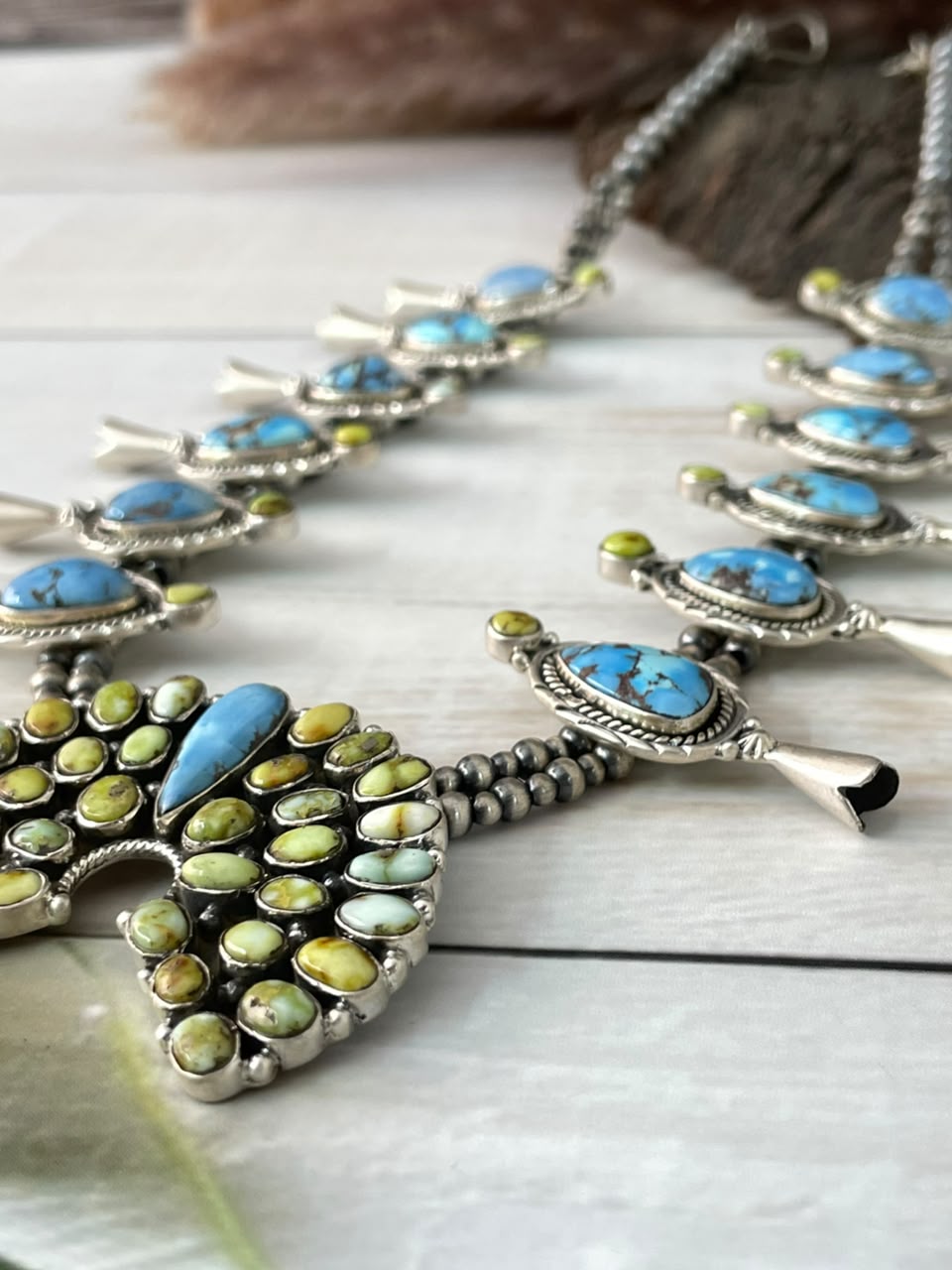Handmade Sterling Silver Palomino with Golden Hills Turquoise Beaded Naja Necklace Signed Nizhoni