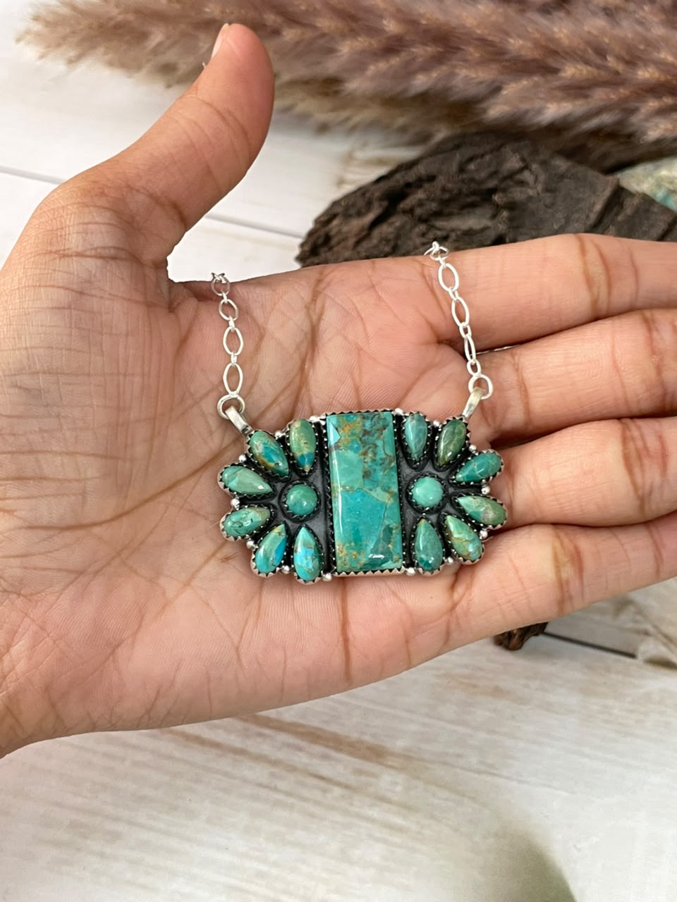 Handmade Sterling Silver Kingman Turquoise Necklace Signed Nizhoni