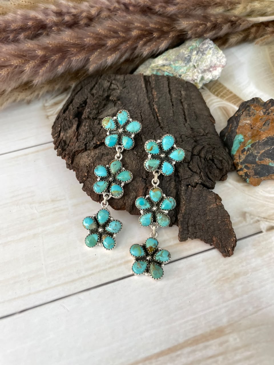 Handmade Sterling Silver Kingman Turquoise Post Dangle Earrings Signed Nizhoni