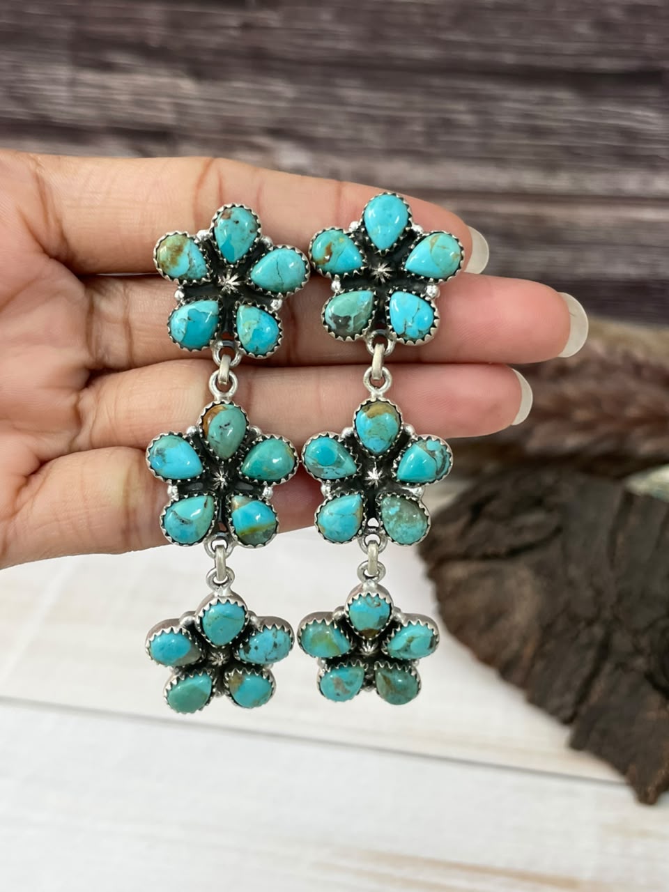 Handmade Sterling Silver Kingman Turquoise Post Dangle Earrings Signed Nizhoni