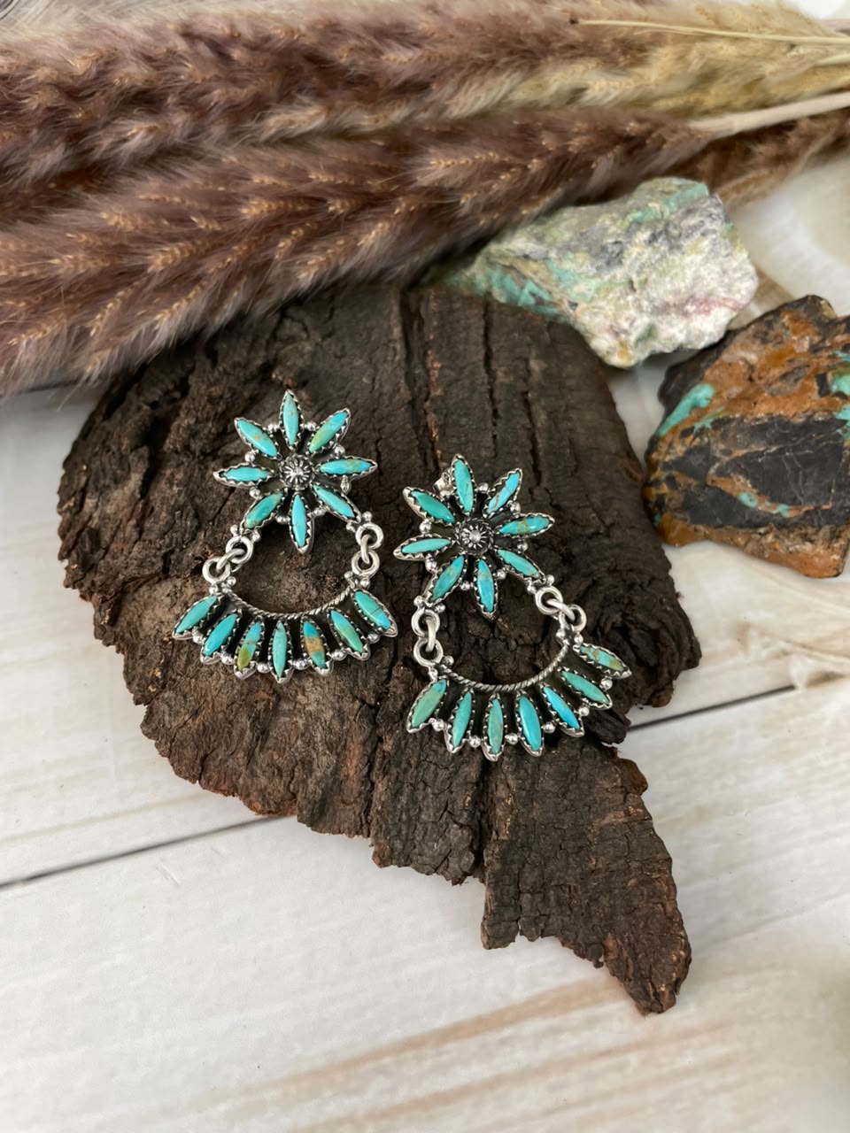 Handmade Sterling Silver Kingman Turquoise Post Dangle Earrings Signed Nizhoni