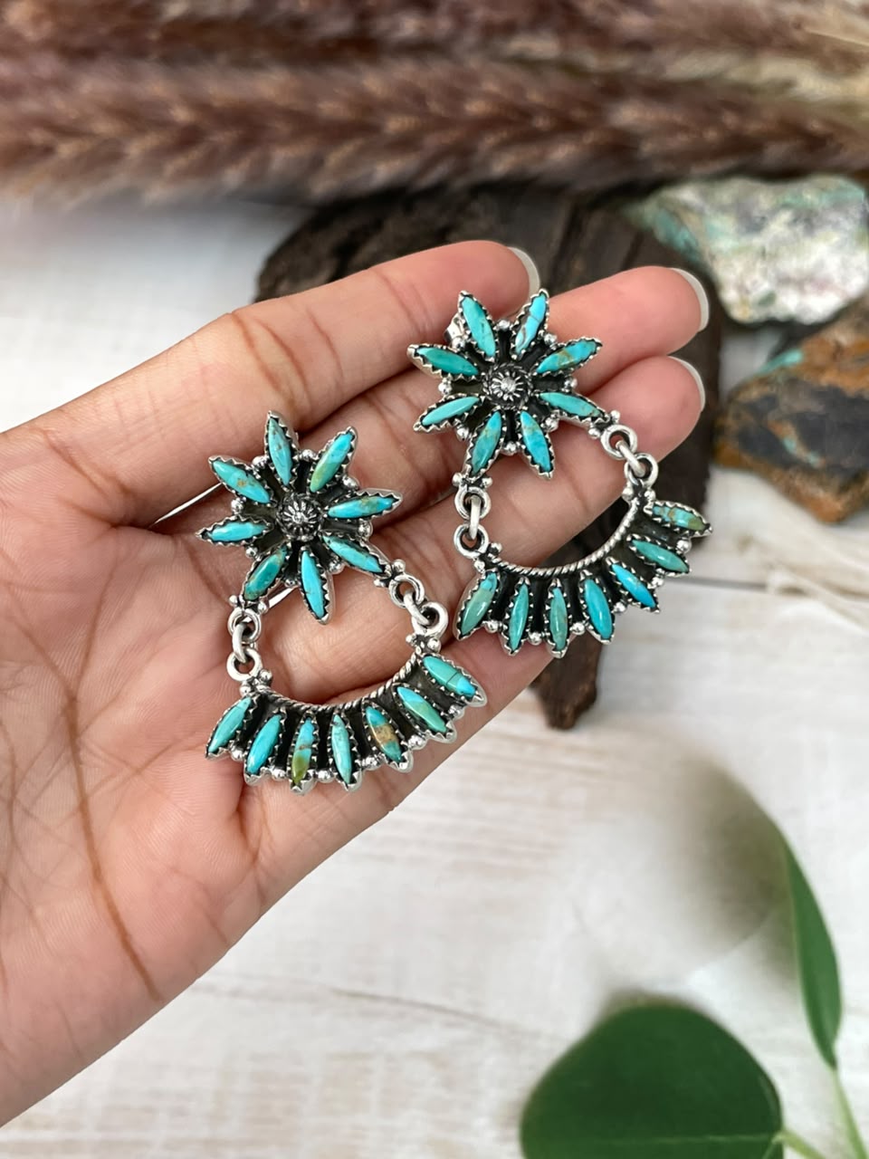 Handmade Sterling Silver Kingman Turquoise Post Dangle Earrings Signed Nizhoni