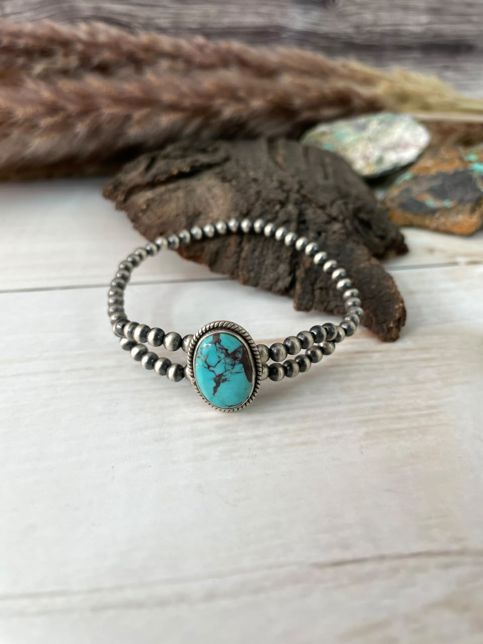 Handmade Sterling Silver Crimson Cowgirl Turquoise Collection: Stretchy Beaded Bracelet Signed Nizhoni