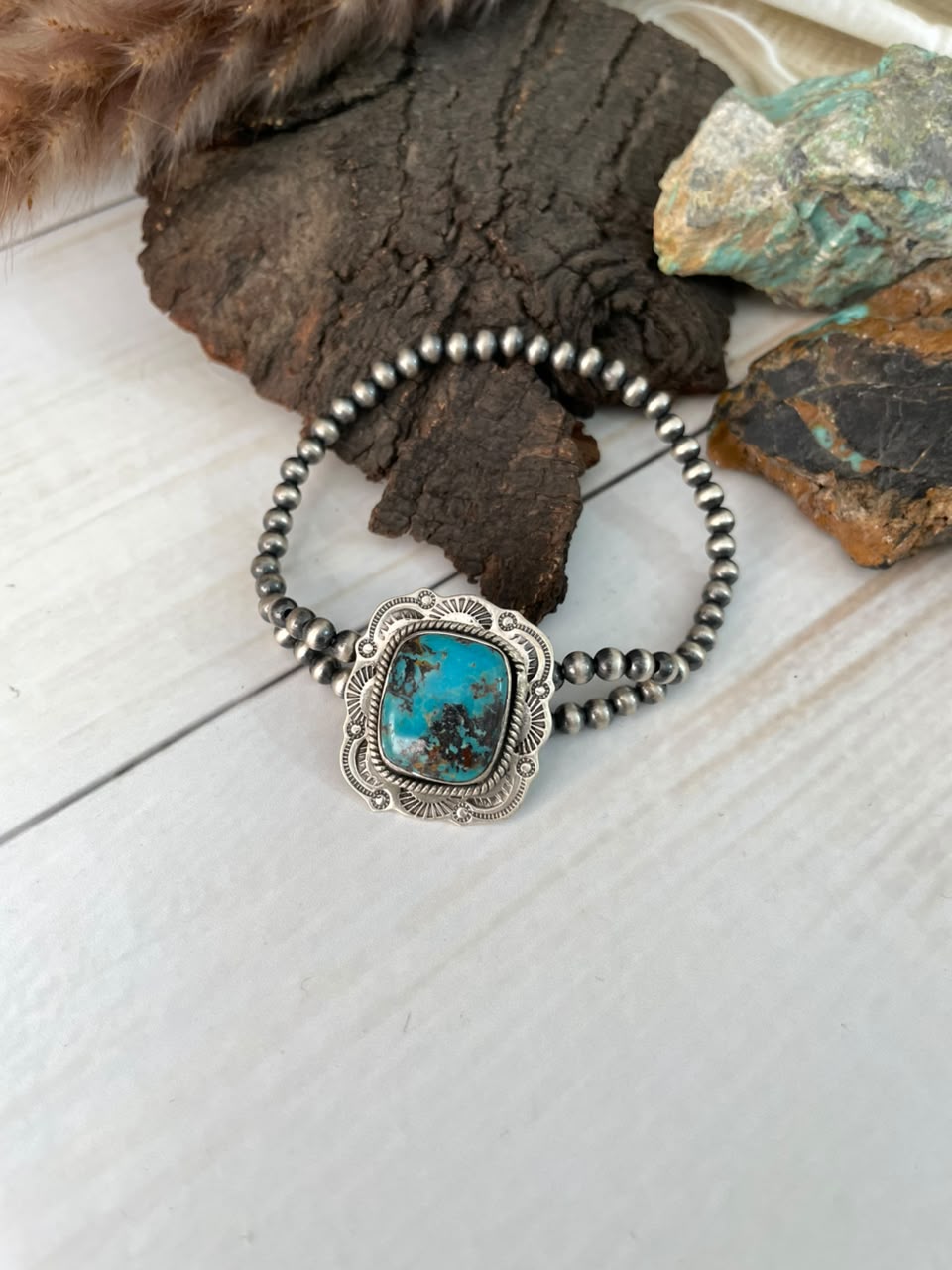 Handmade Sterling Silver Crimson Cowgirl Turquoise Collection: Stretchy Beaded Bracelet Signed Nizhoni