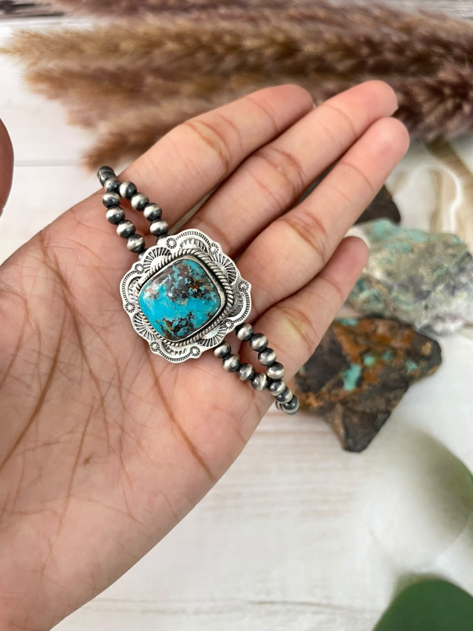 Handmade Sterling Silver Crimson Cowgirl Turquoise Collection: Stretchy Beaded Bracelet Signed Nizhoni