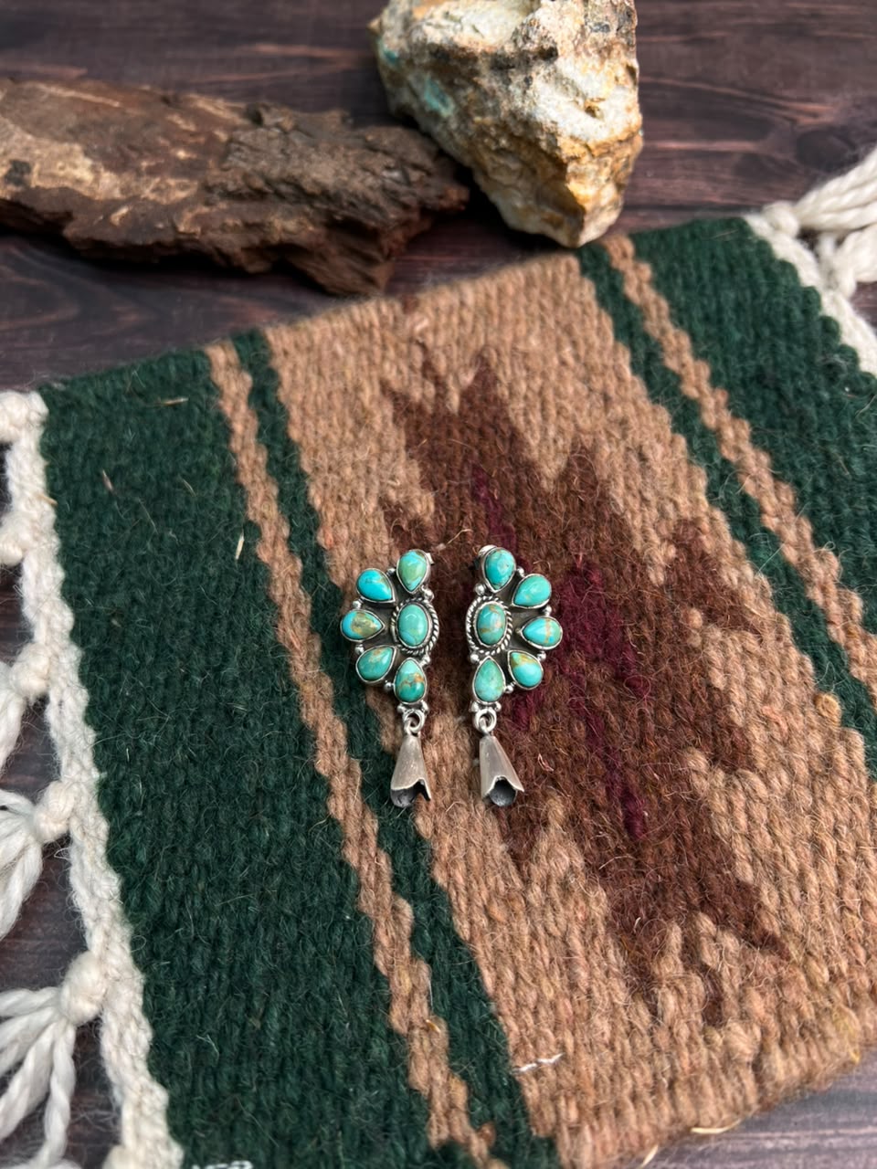 Handmade Sterling Silver Kingman Turquoise Post Squash Blossom Dangle Earrings Signed Nizhoni
