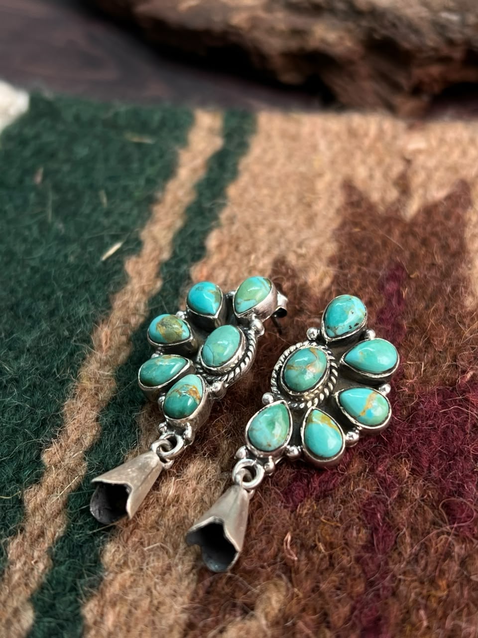 Handmade Sterling Silver Kingman Turquoise Post Squash Blossom Dangle Earrings Signed Nizhoni